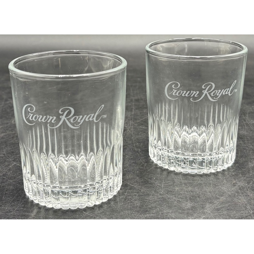 Crown Royal Whiskey Rocks Glasses Set of 2 Etched Logo Fluted Base 3.5in